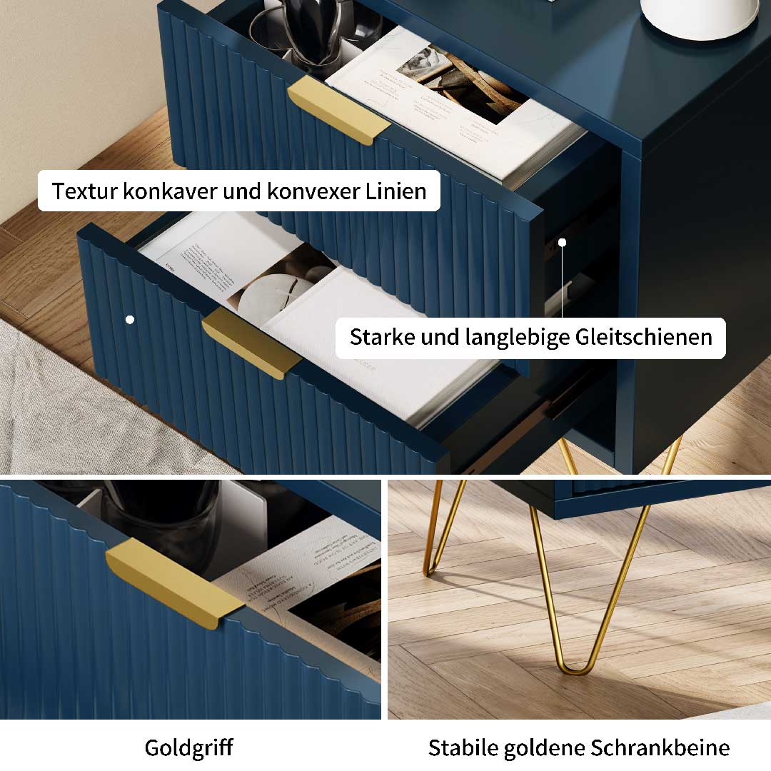 Yelenaro Marineblau Nachttisch mit 2 Schubladen – Moderner Beistelltisch aus Holz mit goldenen Metallbeinen