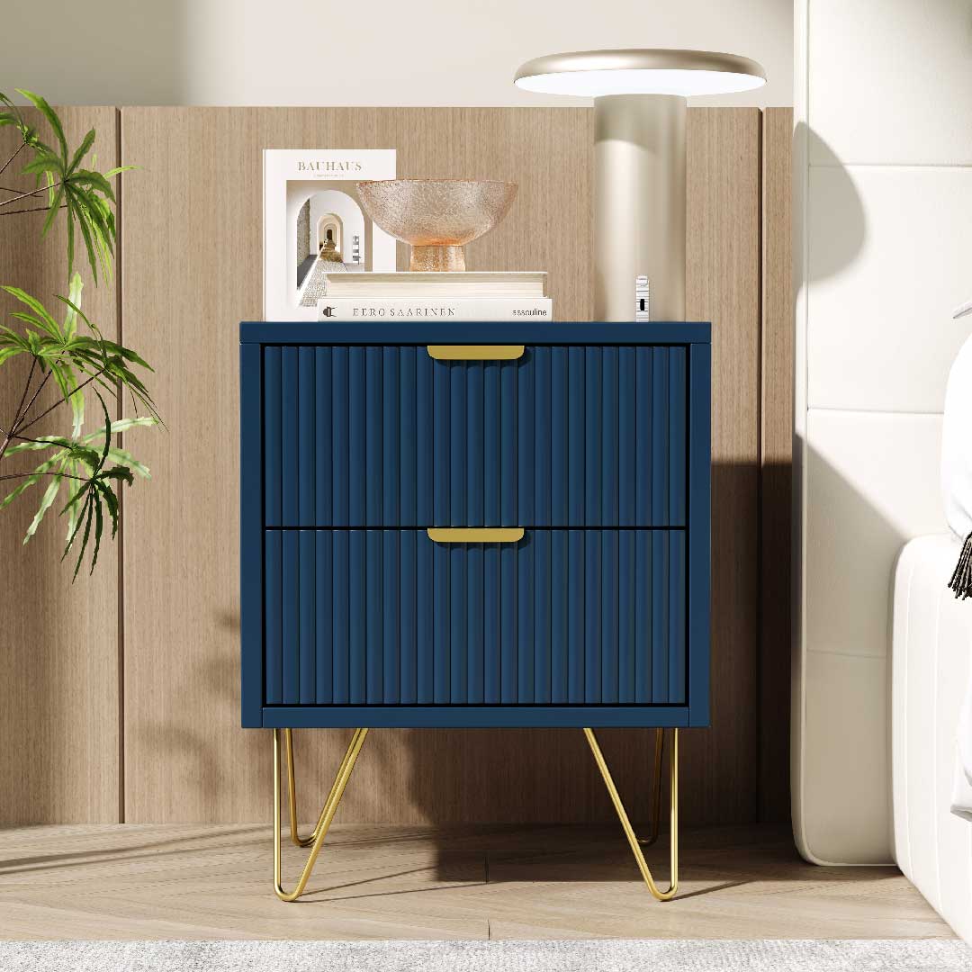 Yelenaro Marineblau Nachttisch mit 2 Schubladen – Moderner Beistelltisch aus Holz mit goldenen Metallbeinen