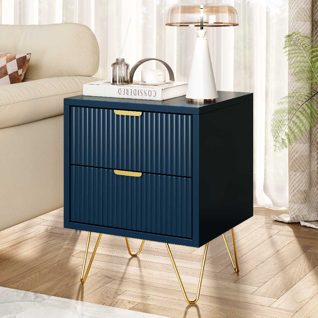 Yelenaro Marineblau Nachttisch mit 2 Schubladen – Moderner Beistelltisch aus Holz mit goldenen Metallbeinen