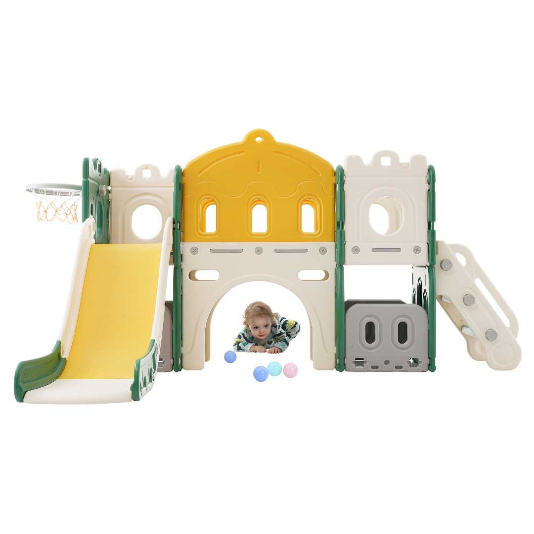 Yelenaro 6-in-1 Kinderspielplatz mit Rutsche & Basketballkorb – Indoor Spielhaus