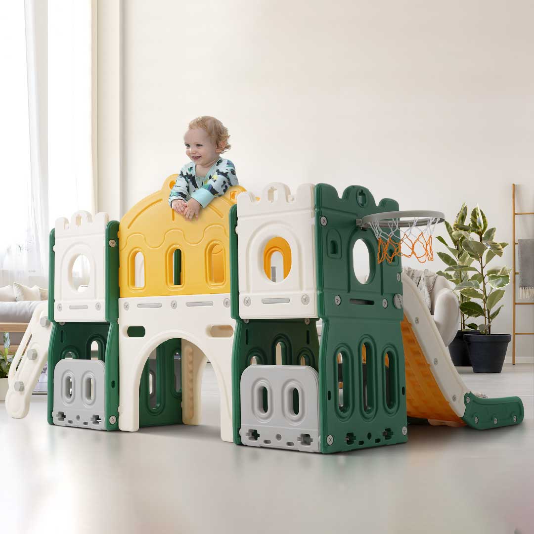 Yelenaro 6-in-1 Kinderspielplatz mit Rutsche & Basketballkorb – Indoor Spielhaus