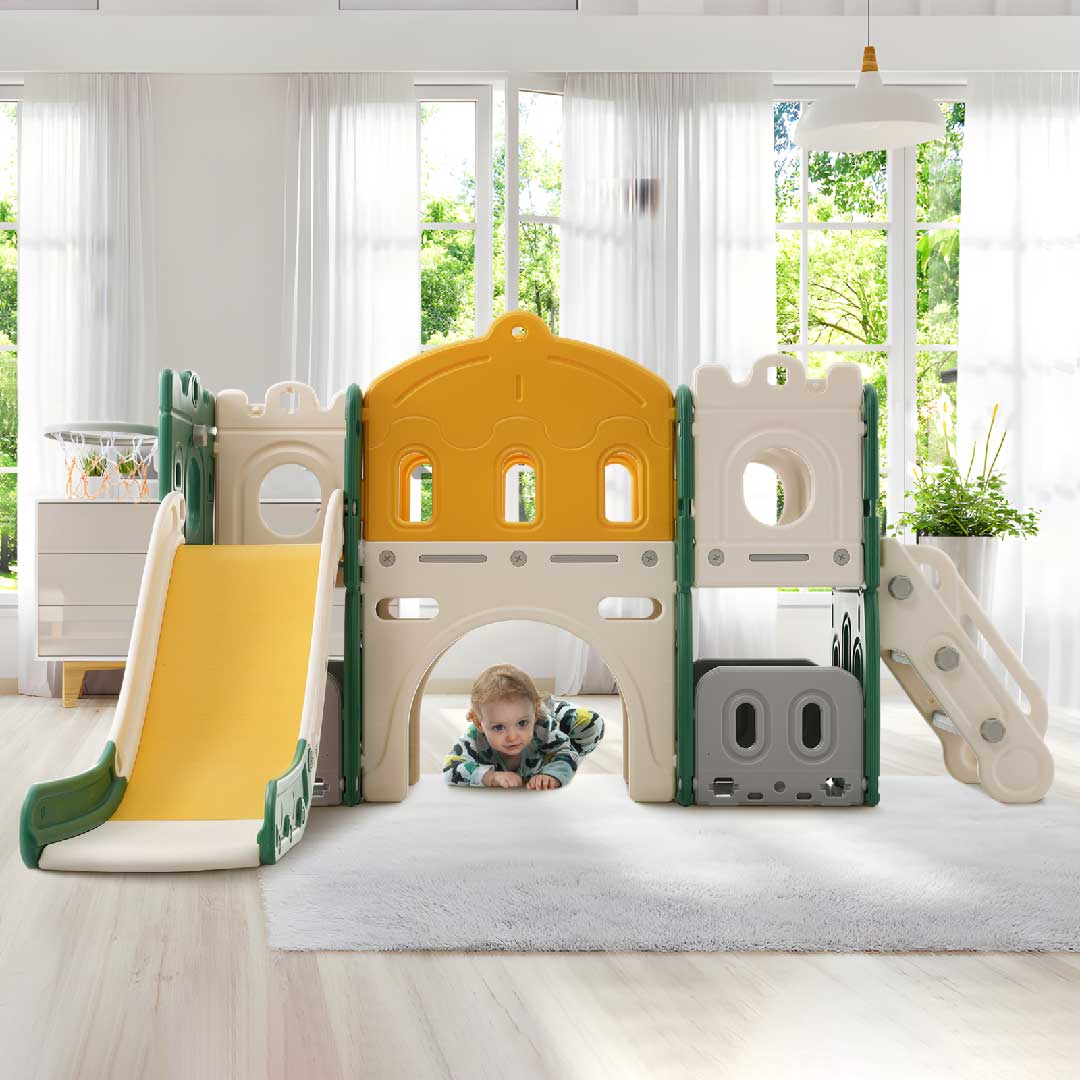 Yelenaro 6-in-1 Kinderspielplatz mit Rutsche & Basketballkorb – Indoor Spielhaus