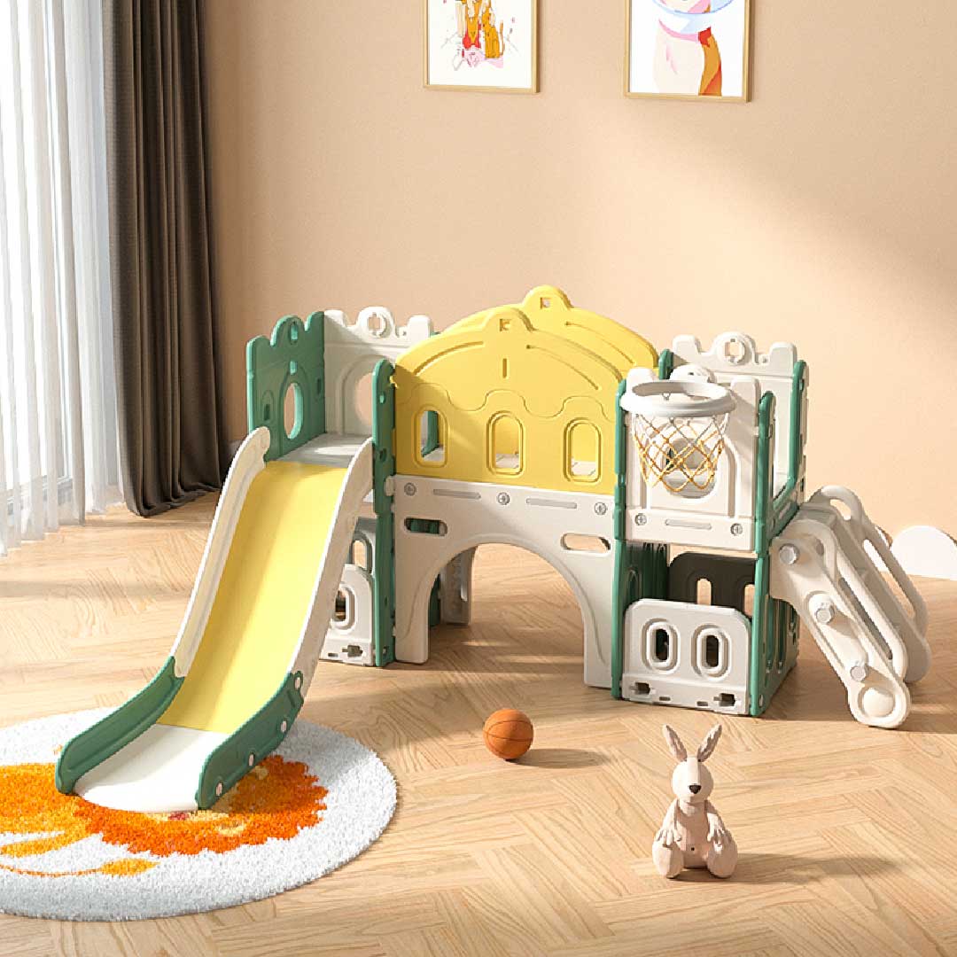 Yelenaro 6-in-1 Kinderspielplatz mit Rutsche & Basketballkorb – Indoor Spielhaus