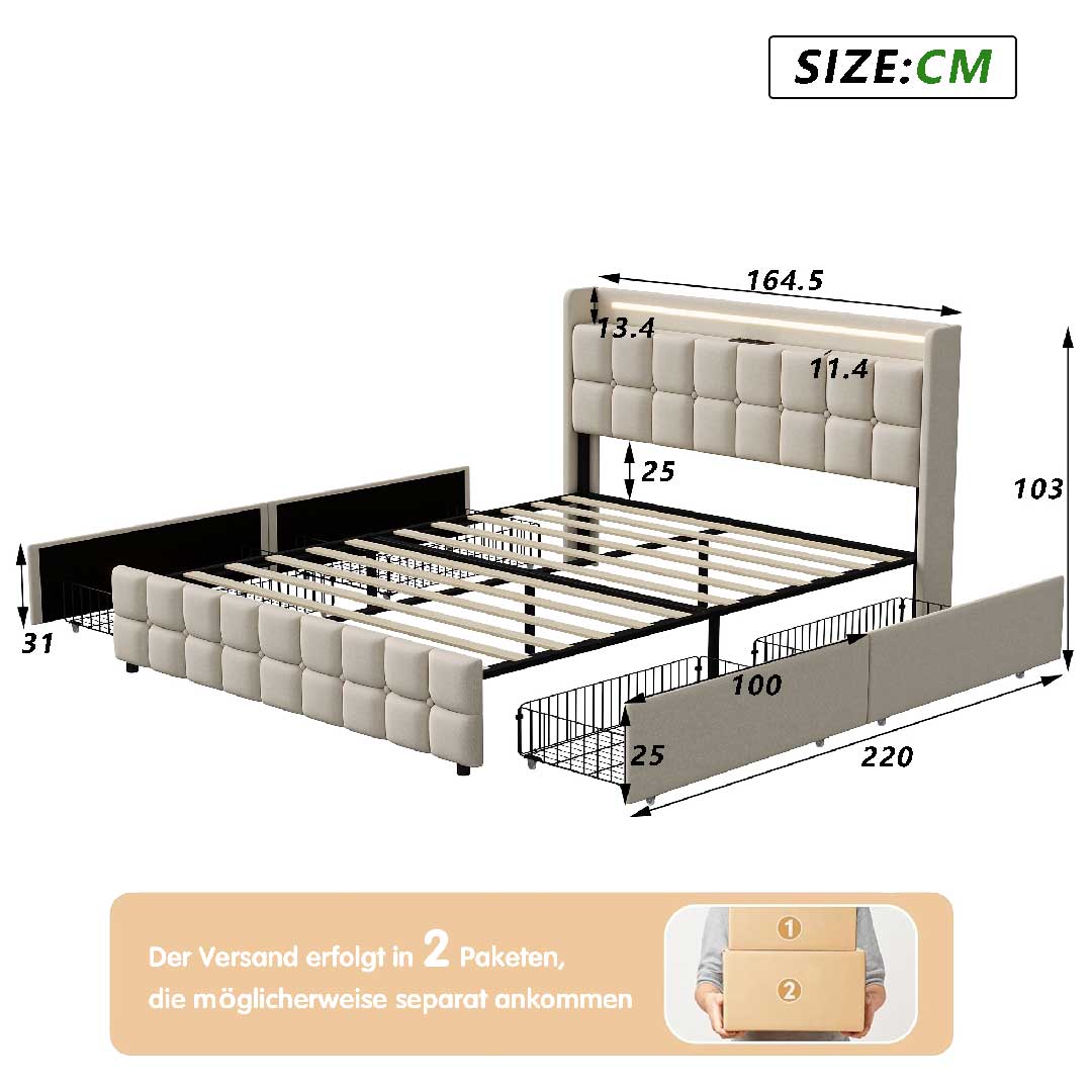 Abmessungen des Yelenaro Leinenbetts 160x200 cm mit LED, USB und vier Schubladen – technische Details und Versandinformationen.