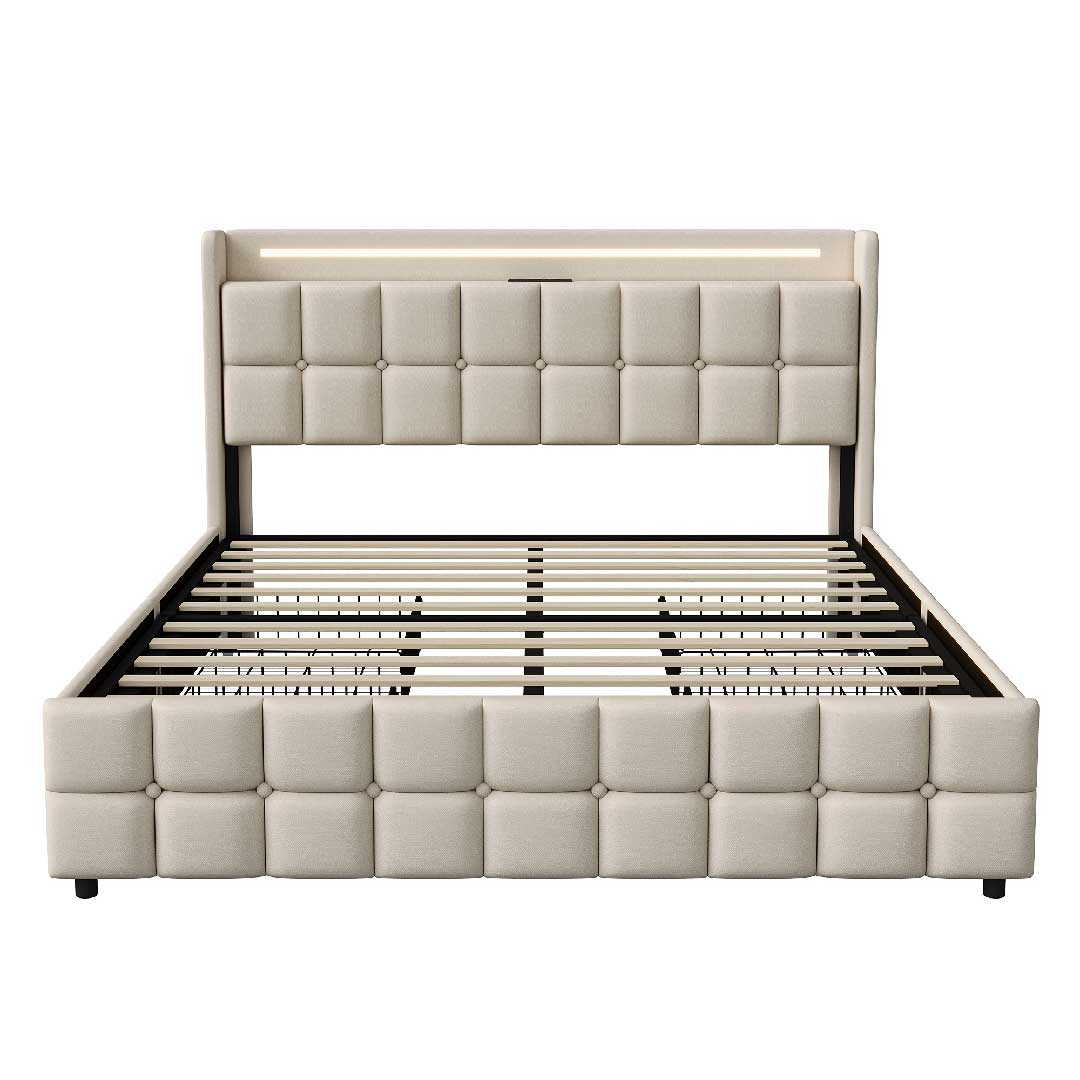 Yelenaro Leinenbett mit LED-Beleuchtung und USB-Anschluss – modernes Polsterbett 160x200 cm in Beige, gepolstertes Kopfteil und elegantes Design.