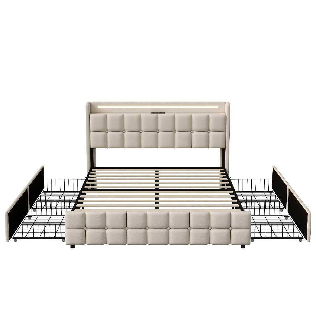 Yelenaro Leinenbett mit vier rollbaren Schubladen, LED-Licht und USB-Steckdosen – funktionales Stauraumbett in modernem Design.