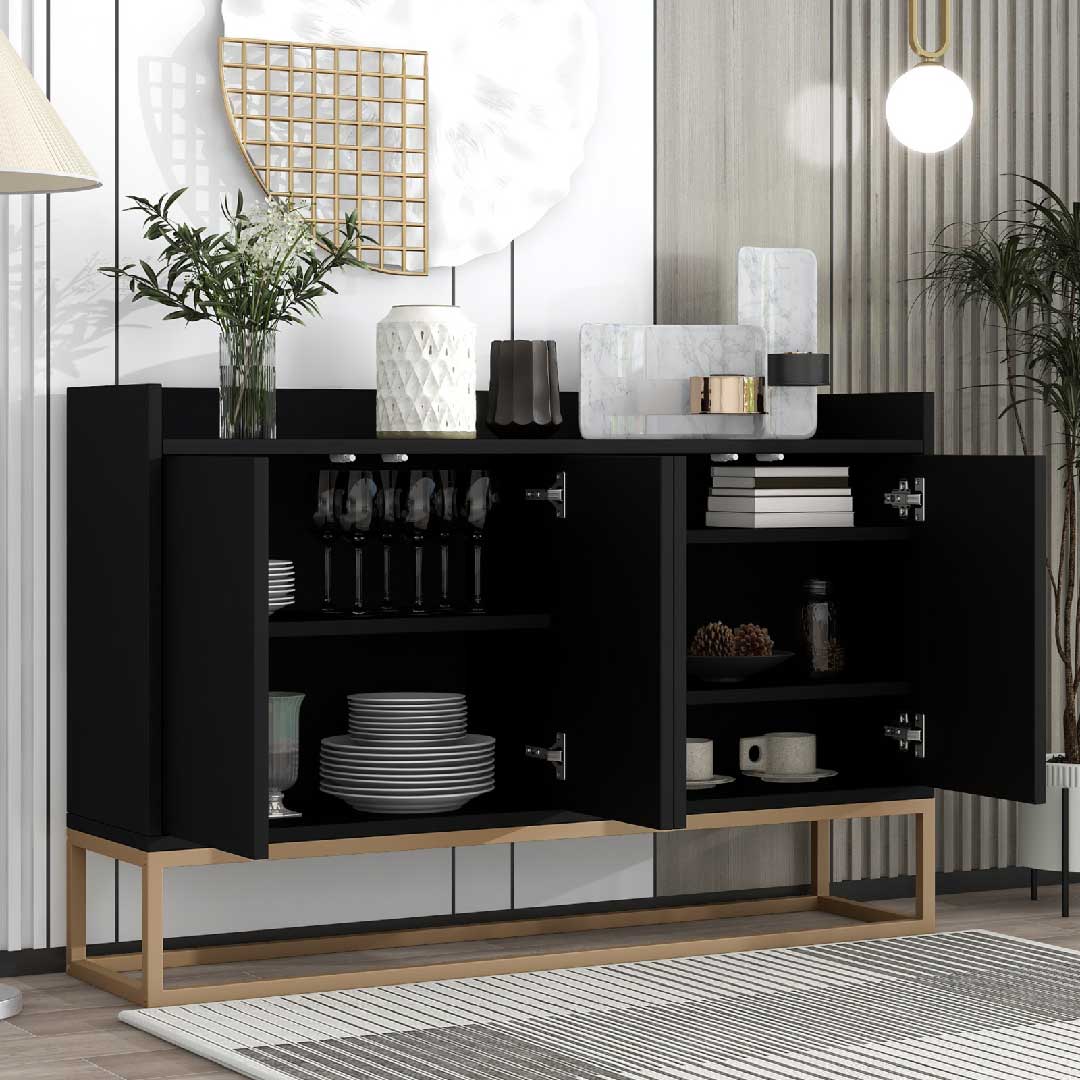 Yelenaro Sideboard 120 cm – Modernes Sideboard Schwarz im minimalistischen Stil mit 4 Türen & Metallbeinen