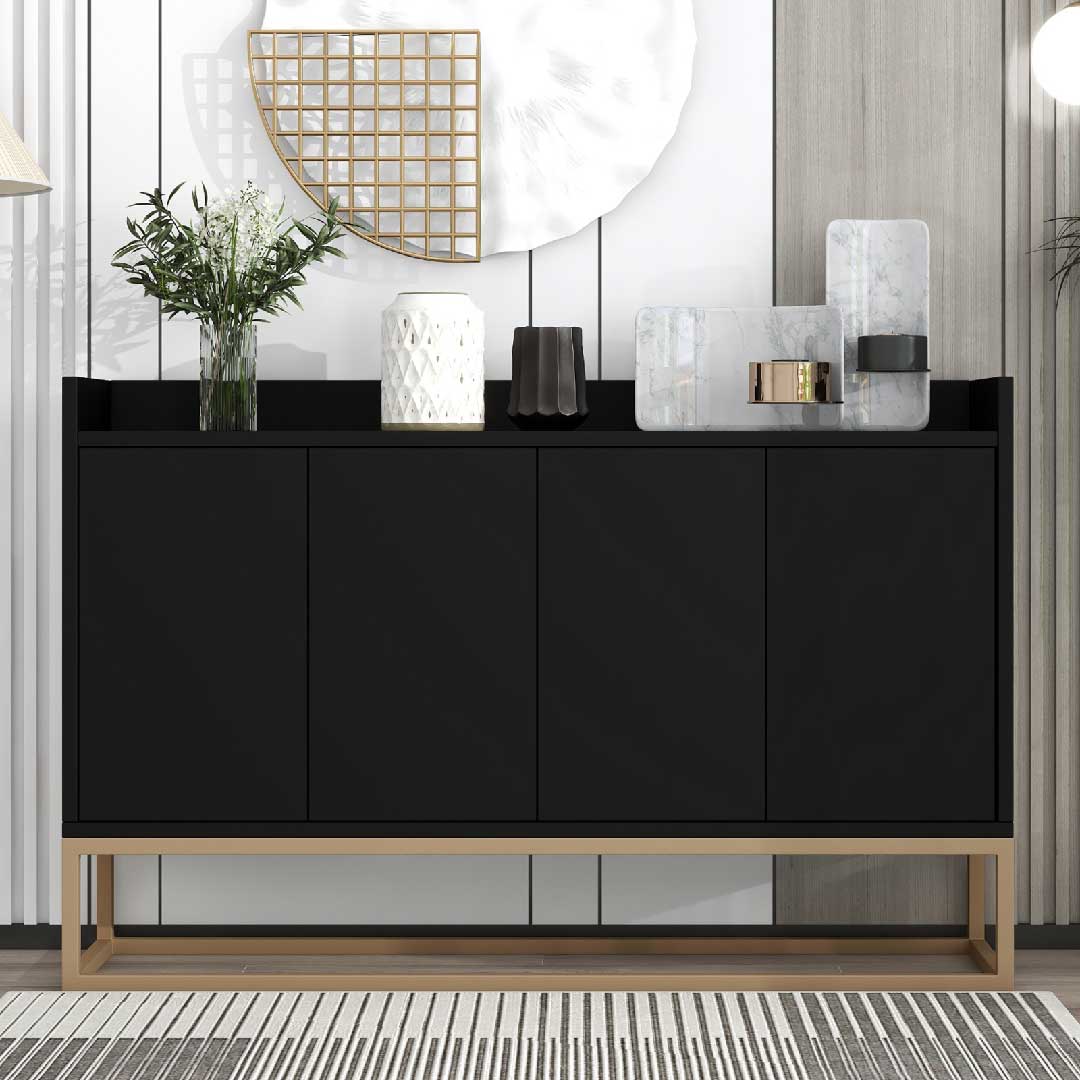 Yelenaro Sideboard 120 cm – Modernes Sideboard Schwarz im minimalistischen Stil mit 4 Türen & Metallbeinen