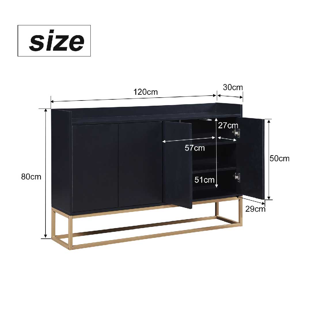 Yelenaro Sideboard 120 cm – Modernes Sideboard Schwarz im minimalistischen Stil mit 4 Türen & Metallbeinen