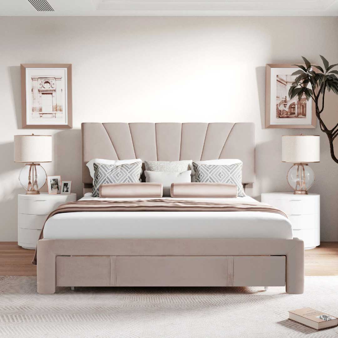 YELENARO Samt-Polsterbett 140×200cm – Mit Schublade & Lattenrost