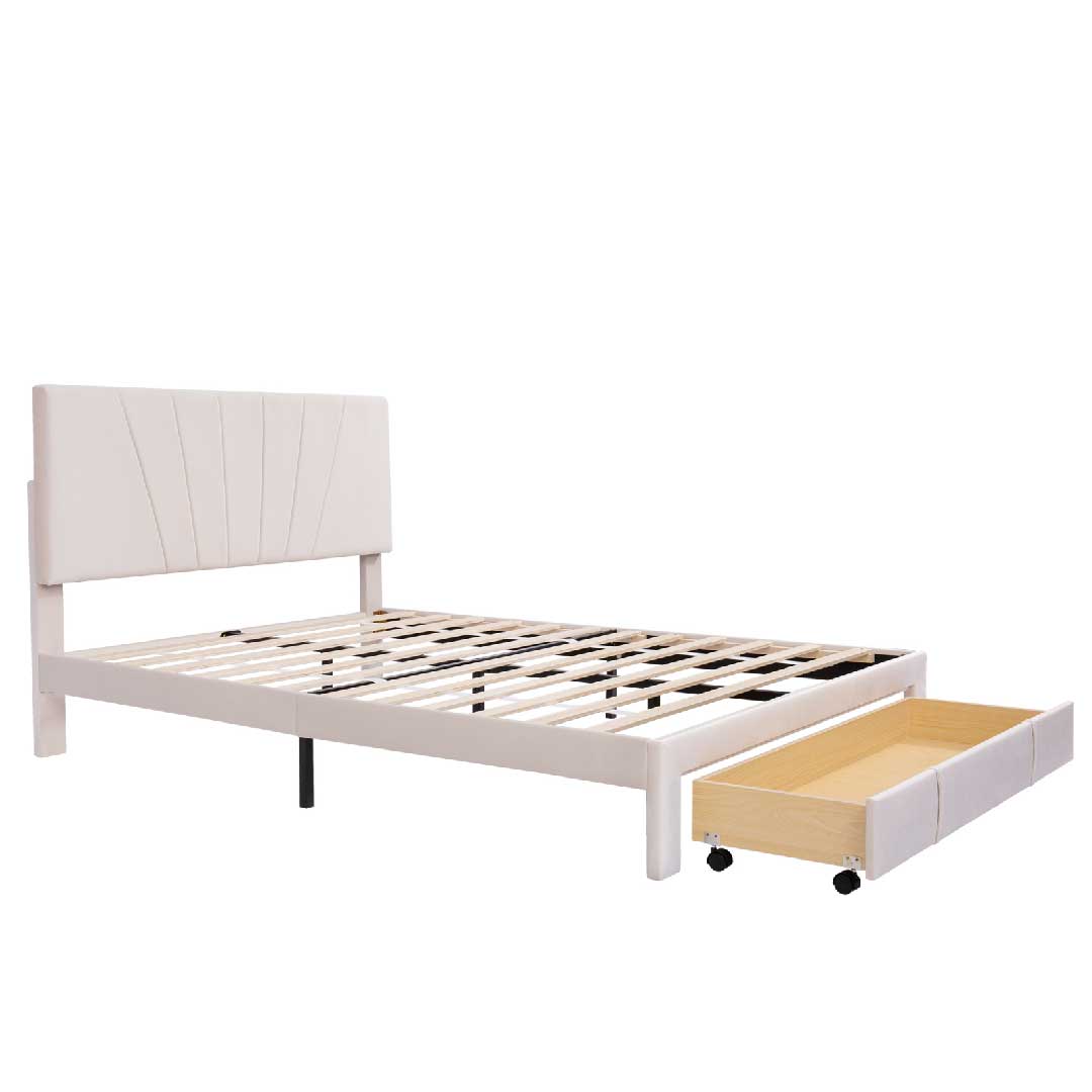 YELENARO Samt-Polsterbett 140×200cm – Mit Schublade & Lattenrost