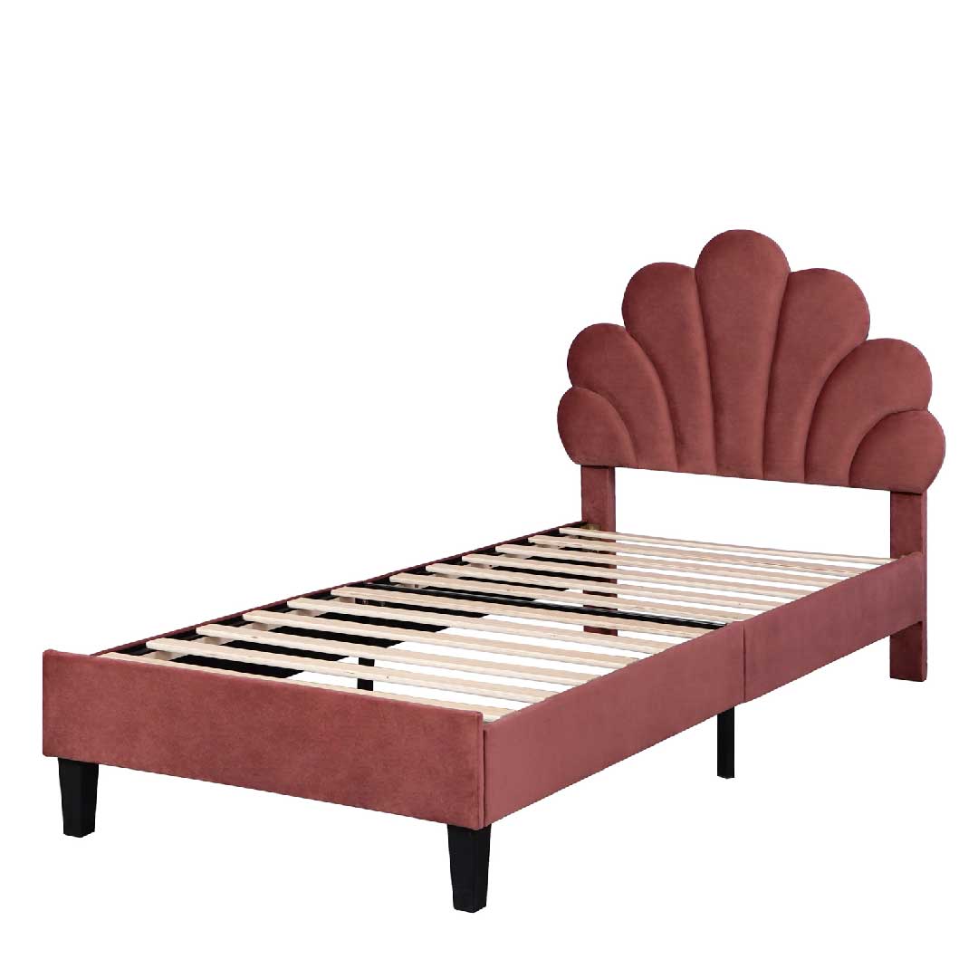 Yelenaro Blütenblatt-Kinderbett 90x200 – Produktansicht ohne Matratze, Samtgestell mit Lattenrost in Altrosa.