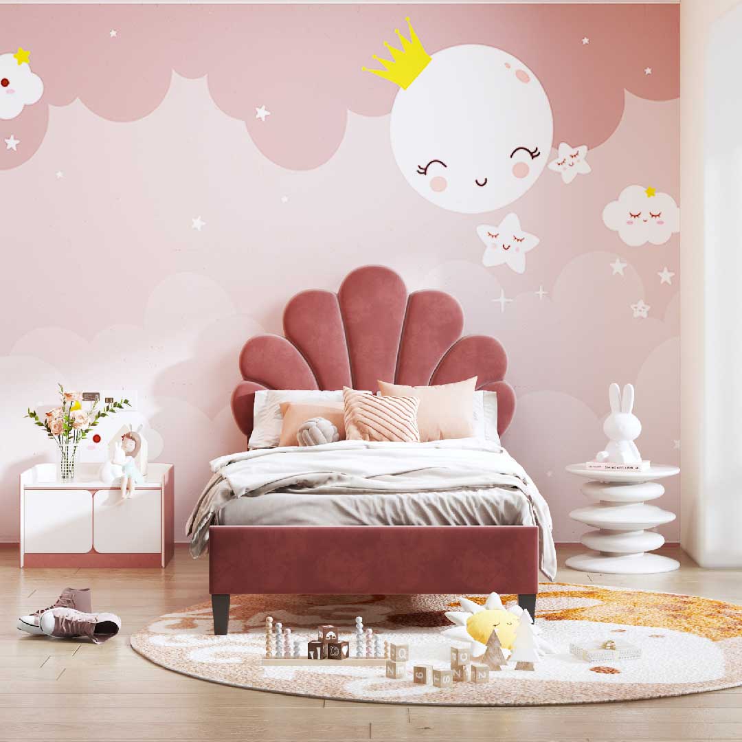 Yelenaro Samt-Kinderbett 90x200 cm mit Blütenkopfteil – elegantes Mädchenbett in Rosa, weich, stabil und modern gestaltet.