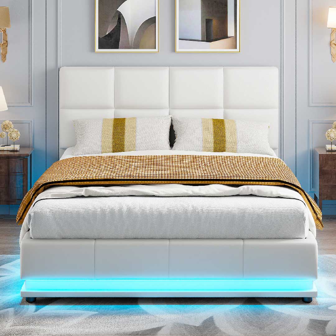 Yelenaro Polsterbett 140×200 cm mit LED & USB – Hydraulisches Stauraumbett aus Kunstleder, Weiß oder Grau