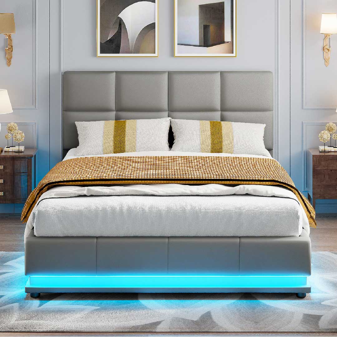 Yelenaro Polsterbett 140×200 cm mit LED & USB – Hydraulisches Stauraumbett aus Kunstleder, Weiß oder Grau