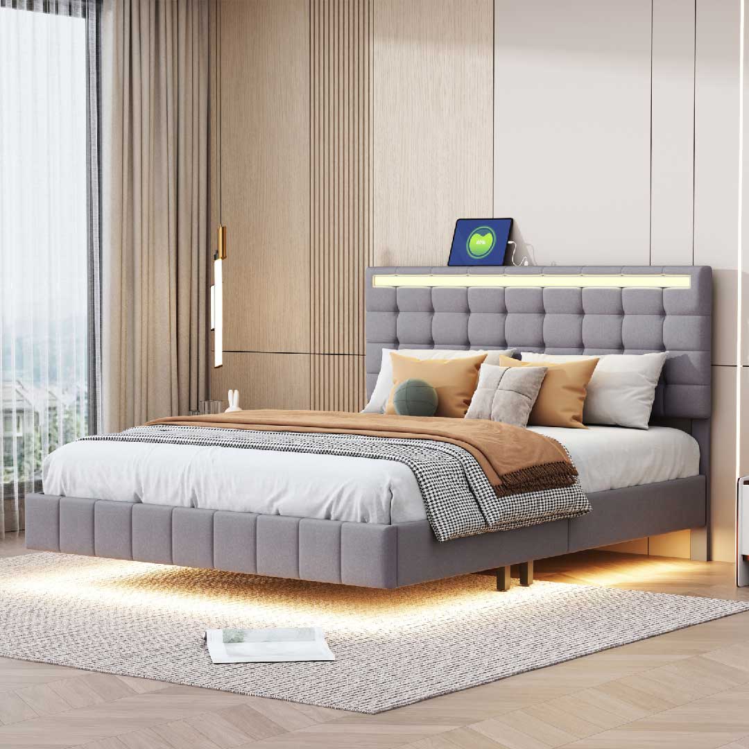 Yelenaro Polsterbett 140x200 Grau mit LED & USB, Schwebendes Design