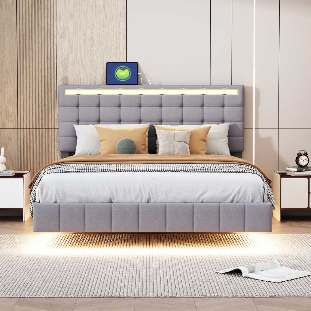 Yelenaro Polsterbett 140x200 Grau mit LED & USB, Schwebendes Design