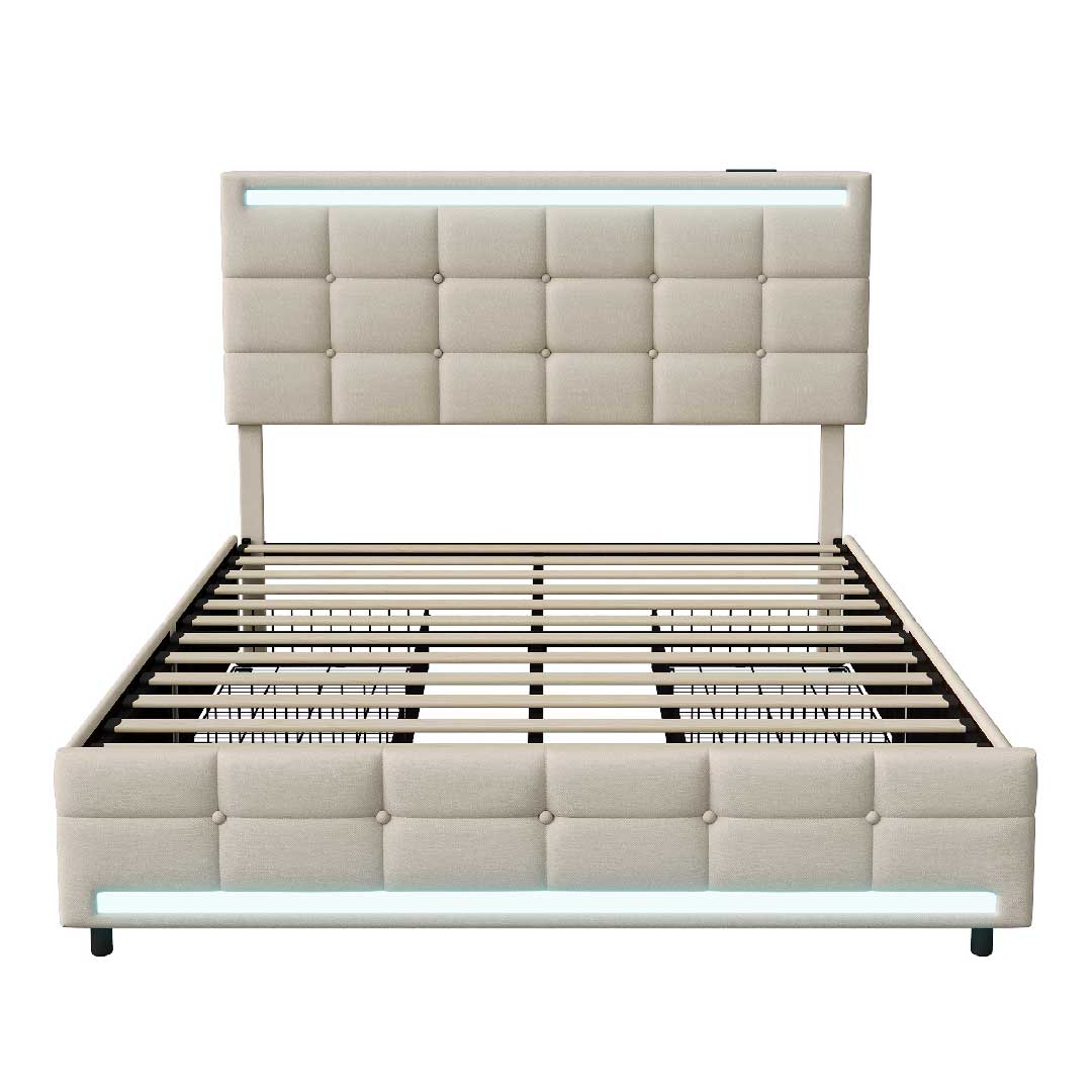 Yelenaro Leinenbett in Beige mit LED-Beleuchtung und USB-Anschluss – elegantes Polsterbett mit 4 Schubladen und gepolstertem Kopfteil.