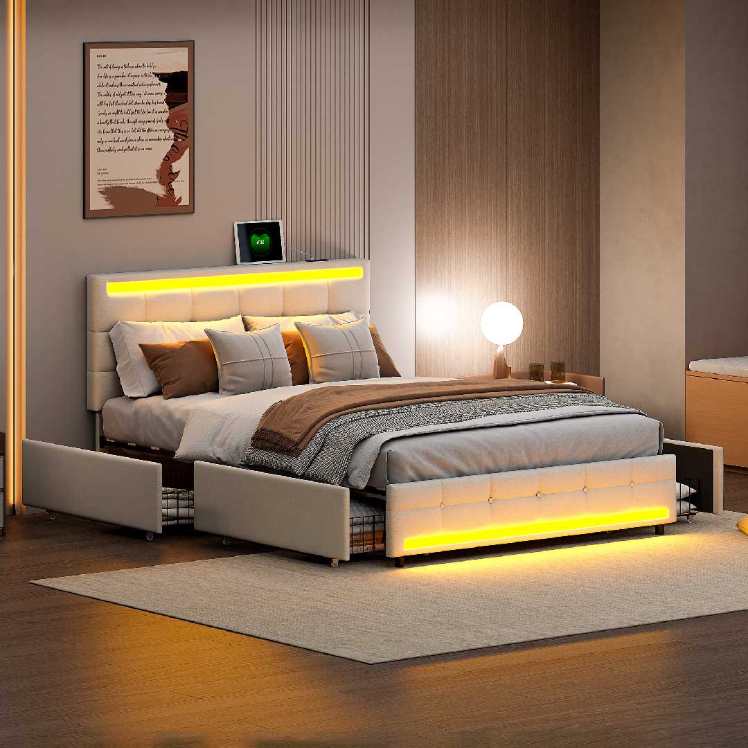 Beiges Yelenaro Leinen-Polsterbett mit LED-Streifen in warmem Licht – Funktionsbett mit USB-Port und 4 Schubladen für modernes Wohndesign.