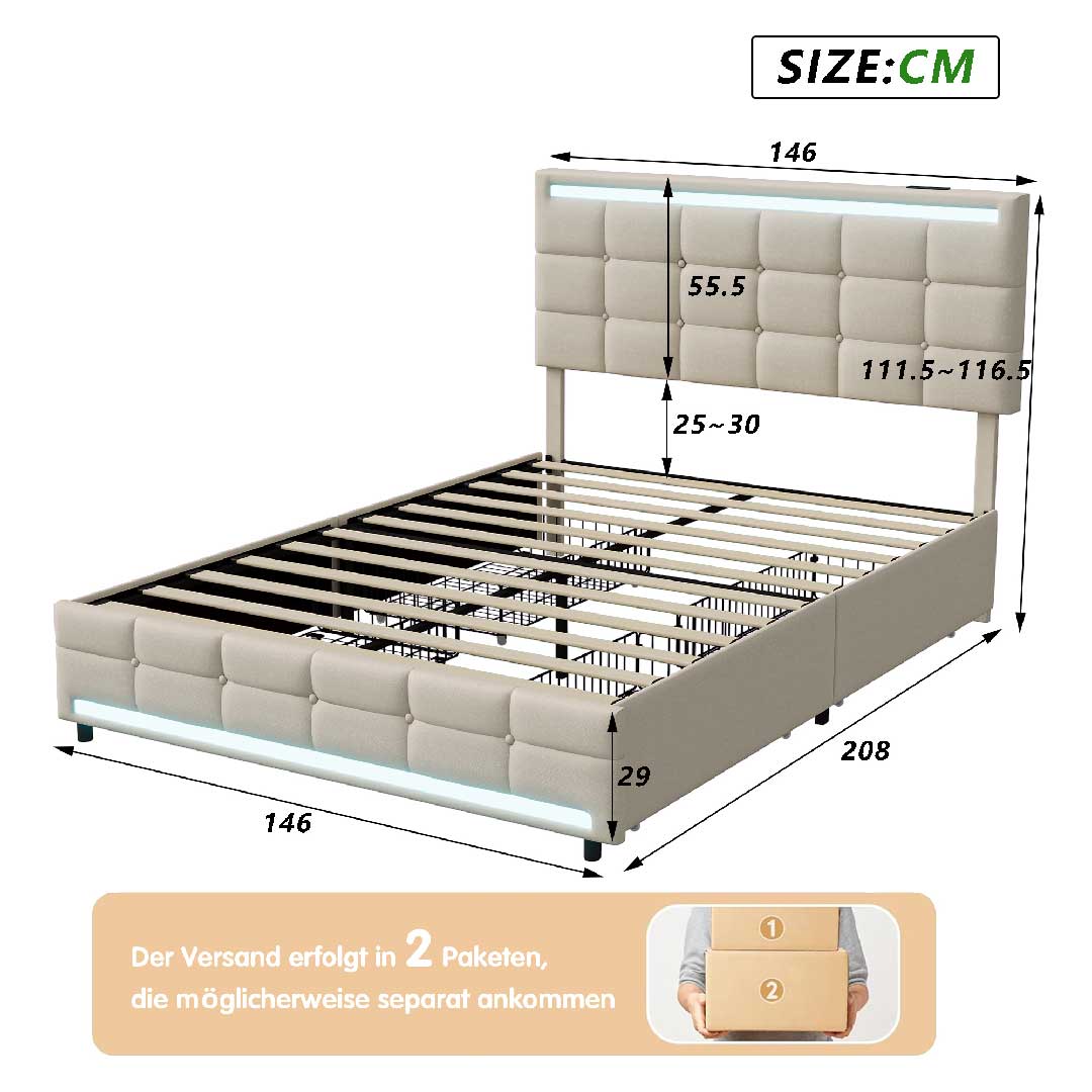 Größenangaben des Yelenaro Leinen-Polsterbetts 140x200 cm – LED-Bett mit USB- und Typ-C-Ports, 4 Schubladen und atmungsaktivem Leinenbezug.