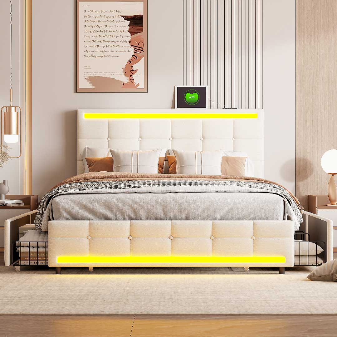 Modernes Schlafzimmer mit beigem Yelenaro Leinenbett – LED-Beleuchtung, USB-Anschluss und vier Stauraumschubladen für Komfort und Stil.