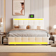 Modernes Schlafzimmer mit beigem Yelenaro Leinenbett – LED-Beleuchtung, USB-Anschluss und vier Stauraumschubladen für Komfort und Stil.