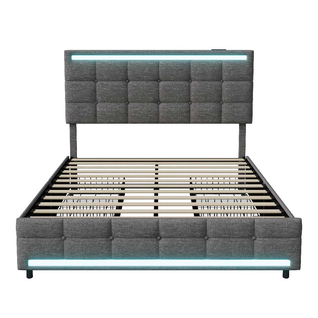 Yelenaro Leinen-Polsterbett in Grau mit LED-Beleuchtung und USB-Anschluss – modernes Funktionsbett mit 4 Schubladen und gepolstertem Kopfteil.