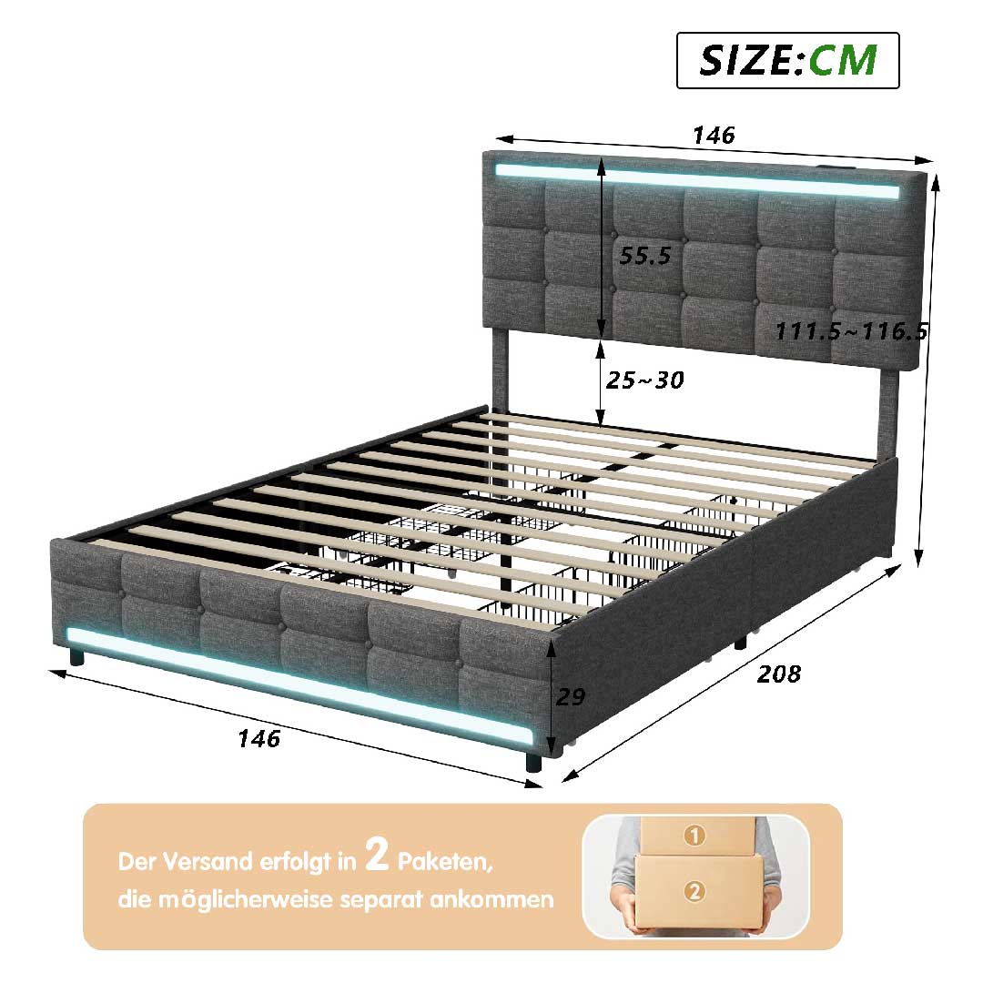 Abmessungen des Yelenaro Leinen-Polsterbetts 140x200 cm – LED-Bett mit USB, Typ-C-Ladeanschluss und 4 Rollschubladen für maximalen Stauraum.