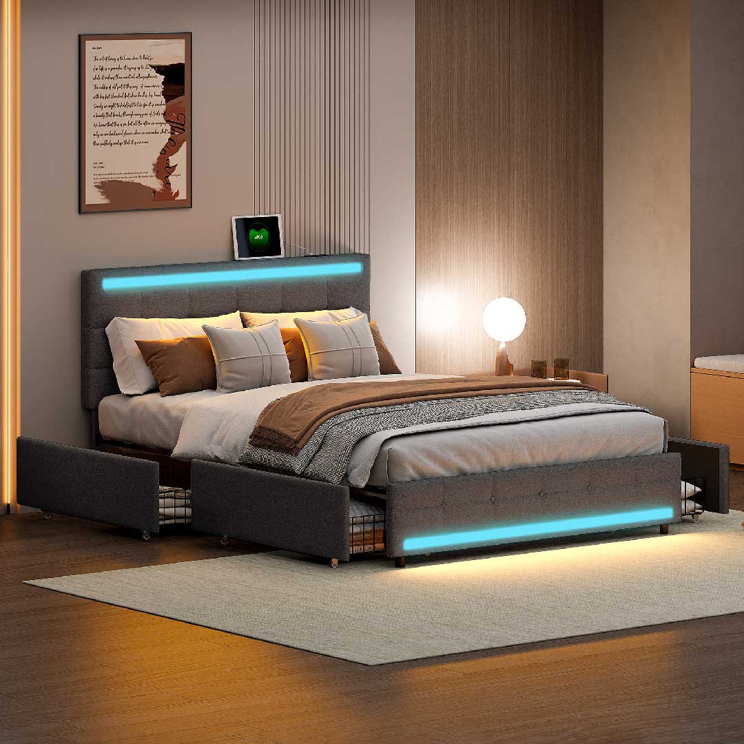 Modernes Schlafzimmer mit Yelenaro Leinenbett in Grau – LED-Beleuchtung, USB-Ports und vier Schubladen für stilvolle Ordnung und Komfort.