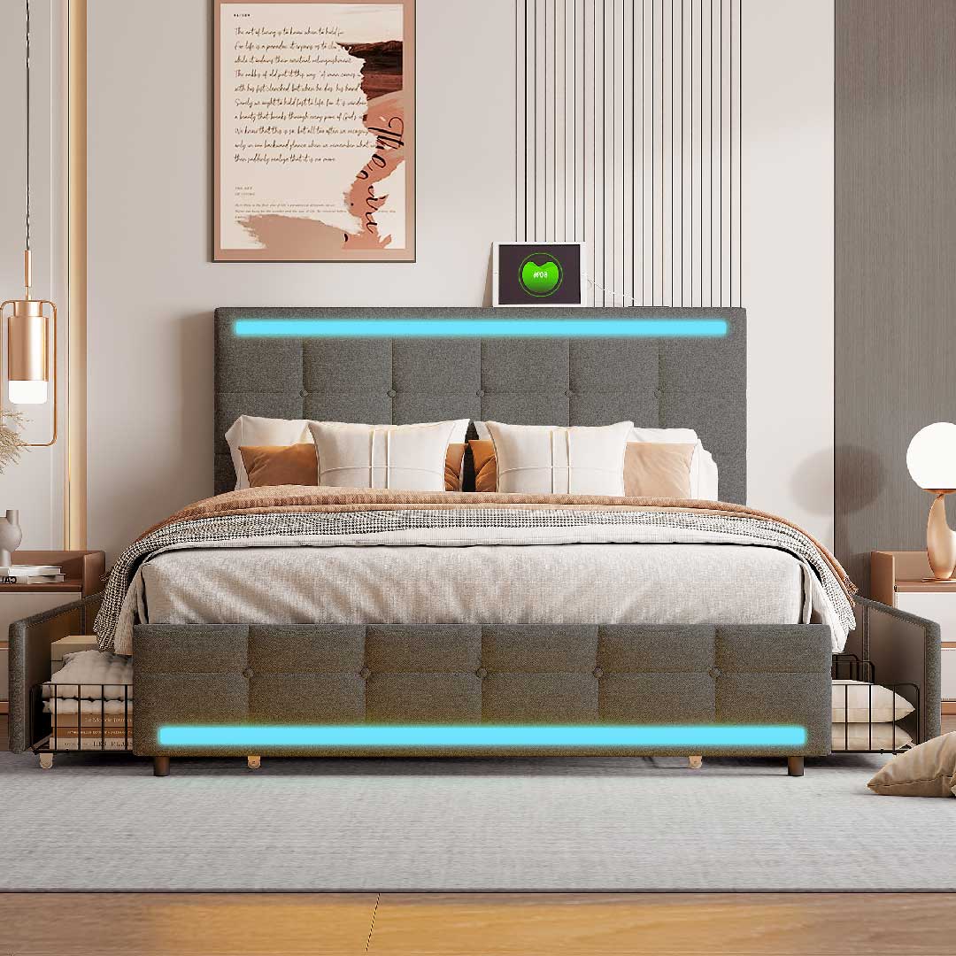 Yelenaro Polsterbett aus Leinenstoff mit Kopfteil-LED und Stauraum – stilvolles Doppelbett mit USB-Anschluss und vier praktischen Schubladen.