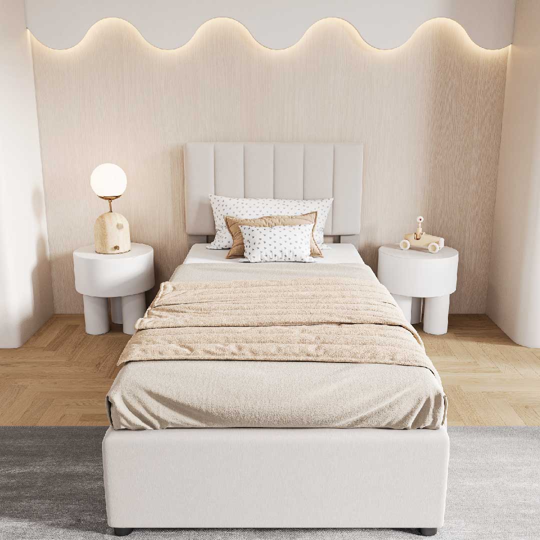 Yelenaro Kinderbett – Polsterbett mit hydraulischem Stauraum & verstellbarem Kopfteil, hautfreundlicher Leinenstoff