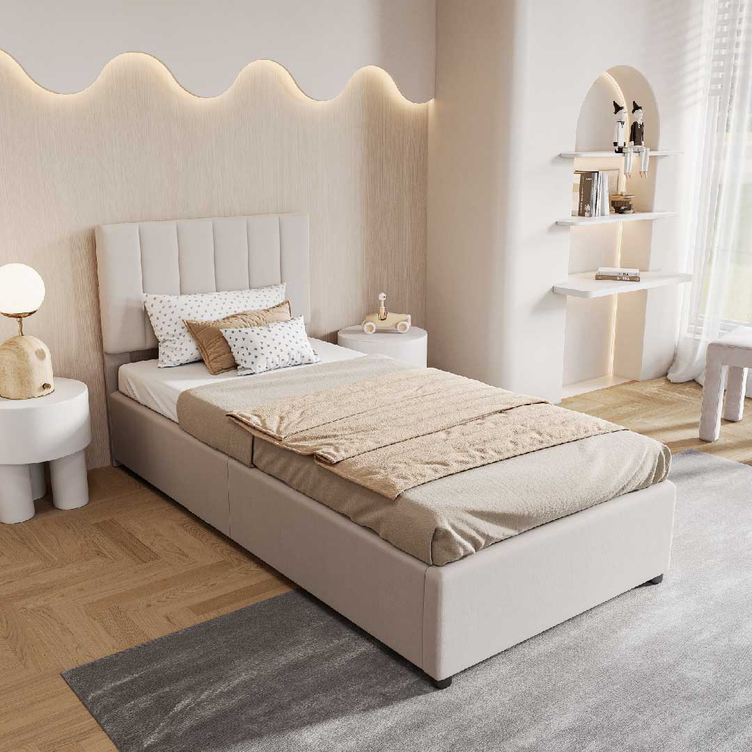 Yelenaro Kinderbett – Polsterbett mit hydraulischem Stauraum & verstellbarem Kopfteil, hautfreundlicher Leinenstoff