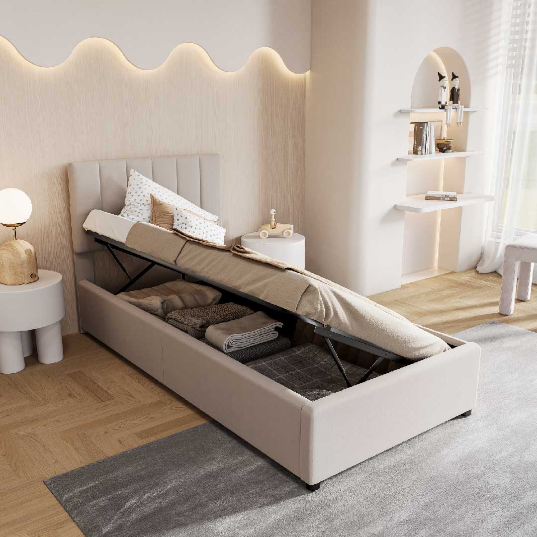 Yelenaro Kinderbett – Polsterbett mit hydraulischem Stauraum & verstellbarem Kopfteil, hautfreundlicher Leinenstoff