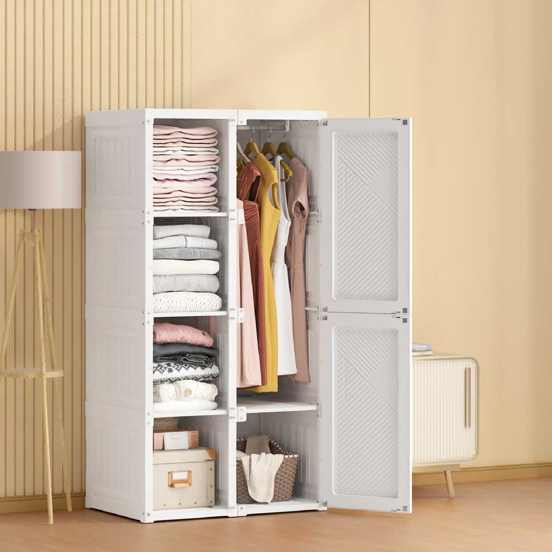 Yelenaro Faltbarer Kleiderschrank Weiß 136cm mit 6 Türen & Kleiderstange