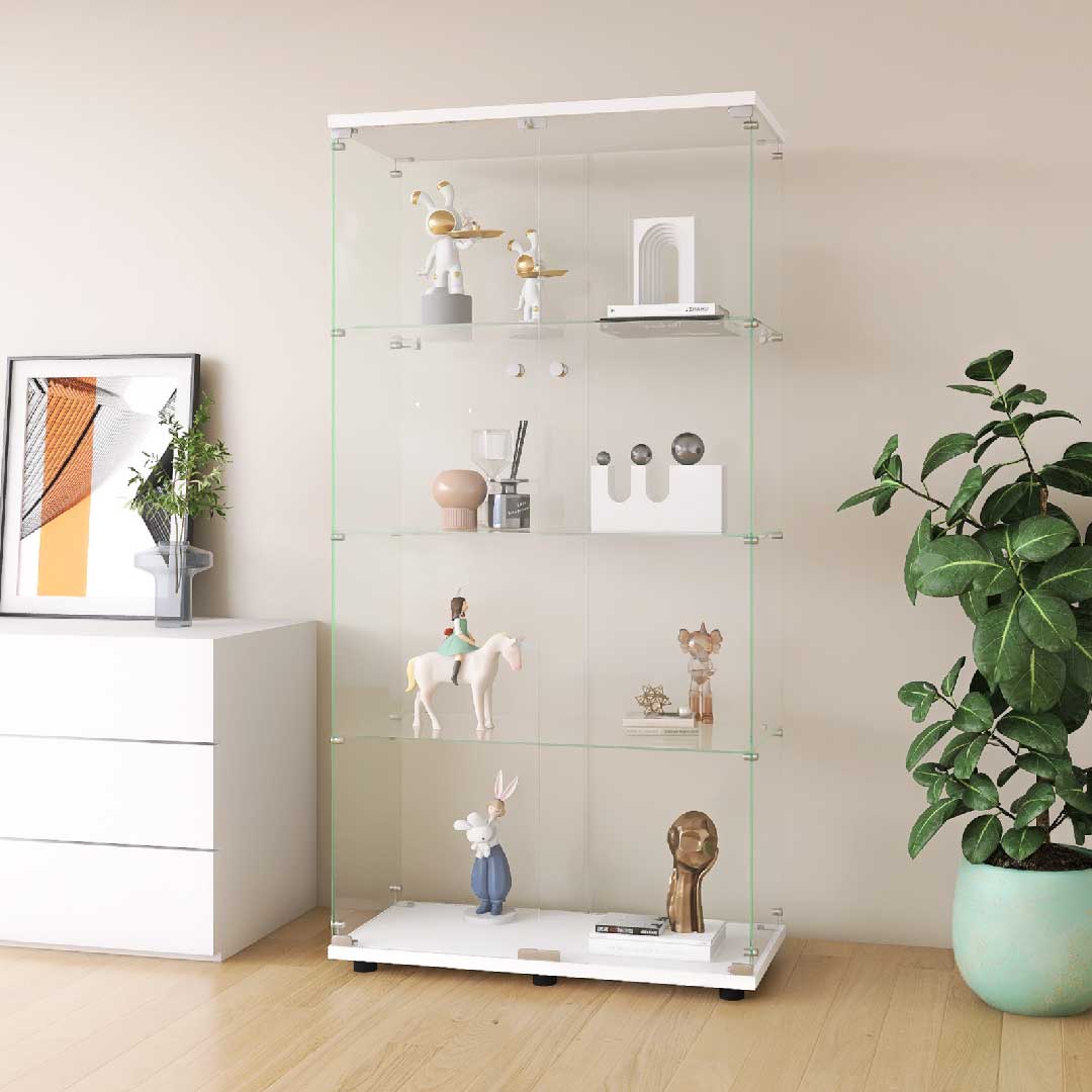 Yelenaro Glasvitrine mit LED – Weiß & Schwarz, 4 Ebenen, 2 Türen