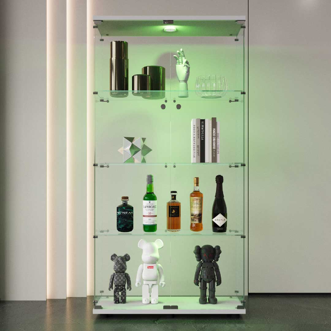 Yelenaro Glasvitrine 165 cm mit LED, Weiß & Schwarz, 4 Böden