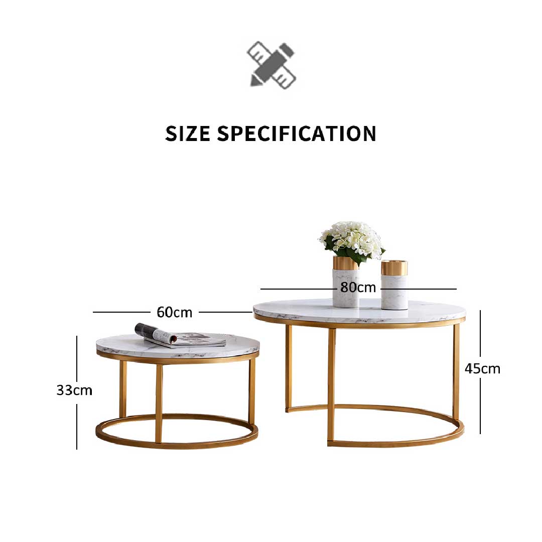 Yelenaro Couchtisch Rund Weiss Marmor Optik – 2er Set Gold Wohnzimmertisch