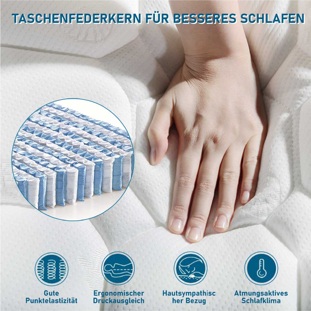 Yelenaro 7-Zonen Taschenfederkernmatratze 25 cm H3 – 90x200, 140x200, 160x200 Oeko-Tex®