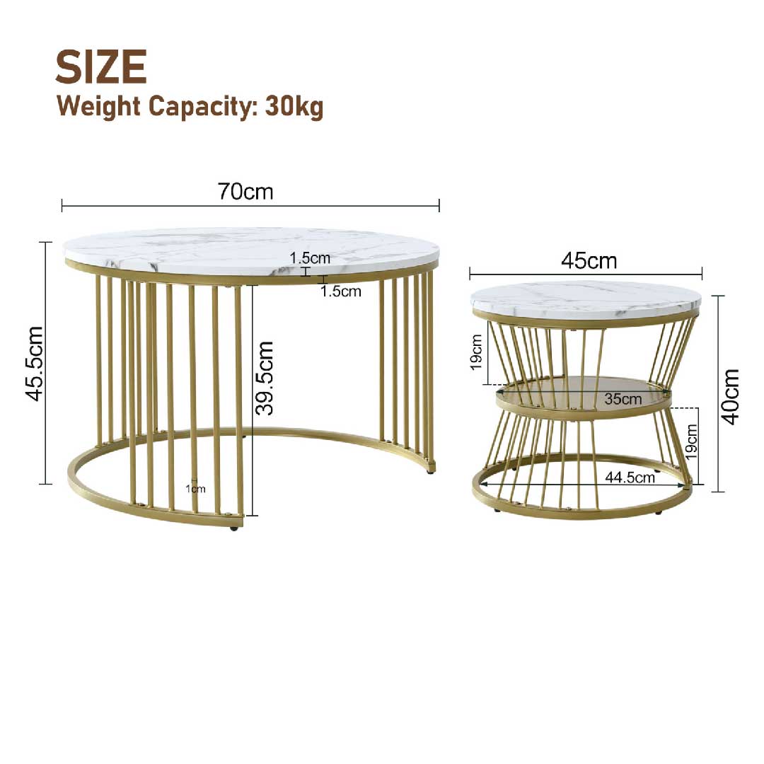 Yelenaro Couchtisch 2er Set Rund Marmoroptik Gold – Moderner Wohnzimmertisch