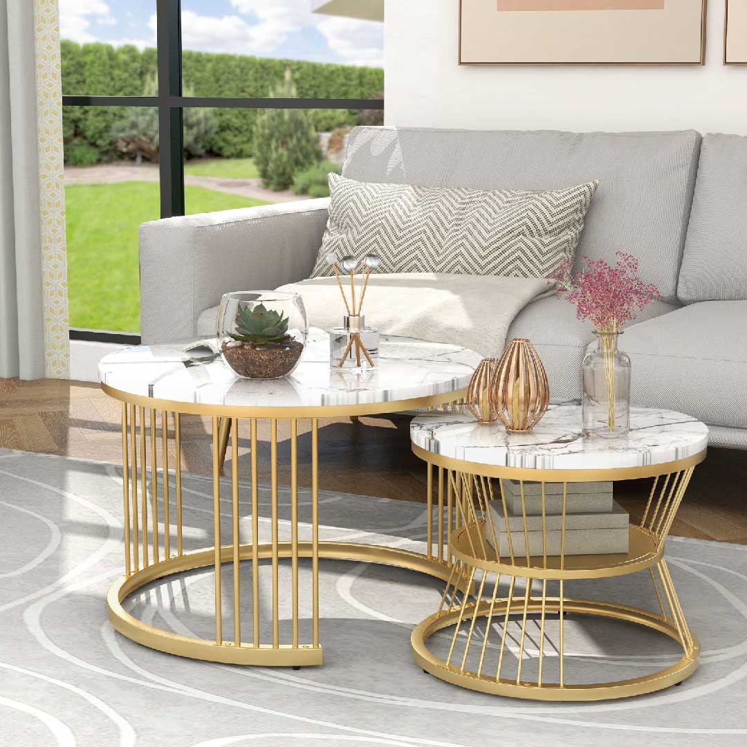 Yelenaro Couchtisch 2er Set Rund Marmoroptik Gold – Moderner Wohnzimmertisch