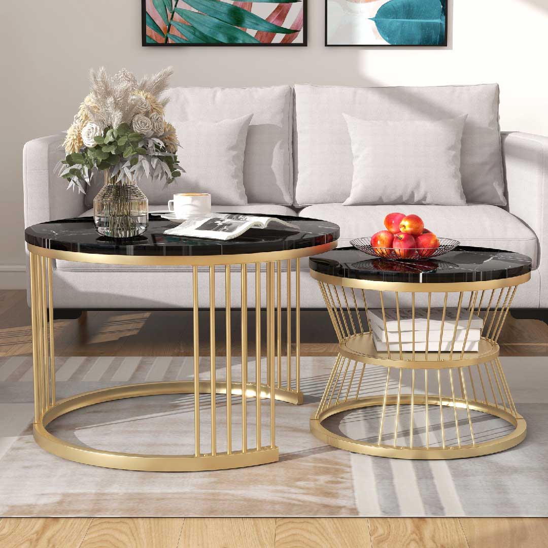 Yelenaro Couchtisch 2er Set Rund Marmoroptik Gold – Moderner Wohnzimmertisch