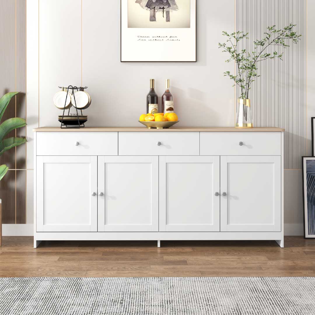 Yelenaro Sideboard Weiß mit Holzplatte, 3 Schubladen & 4 Türen