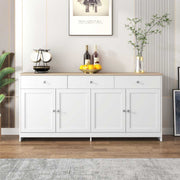 Weißes Yelenaro Sideboard mit Holzplatte im Wohnbereich, stilvolles Stauraummöbel mit 3 Schubladen und 4 Türen im Landhausstil