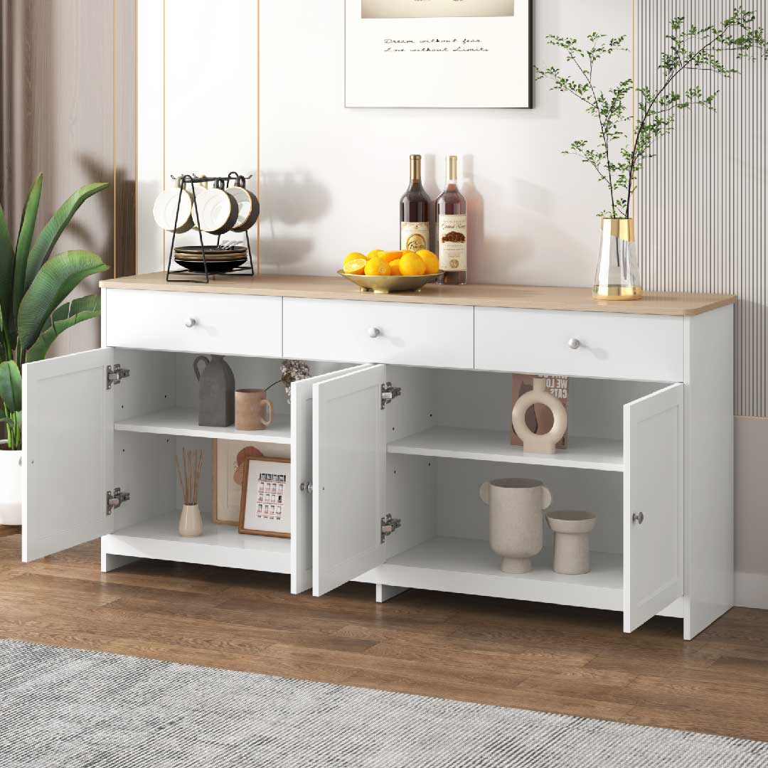 Yelenaro Sideboard Weiß mit Holzplatte, 3 Schubladen & 4 Türen