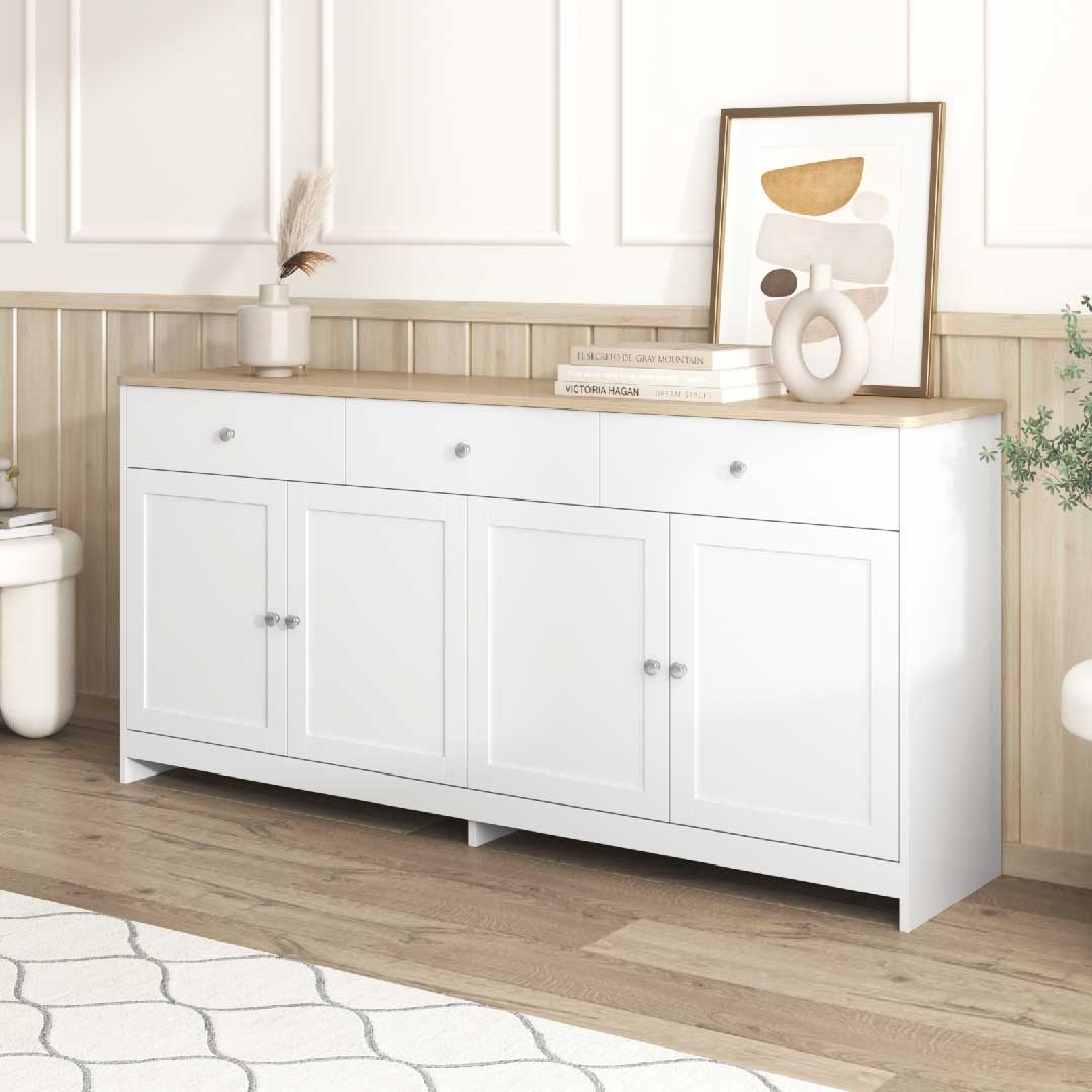 Landhaus Sideboard weiß mit Holzplatte von Yelenaro, vielseitig einsetzbar als Anrichte im Esszimmer oder Wohnzimmer