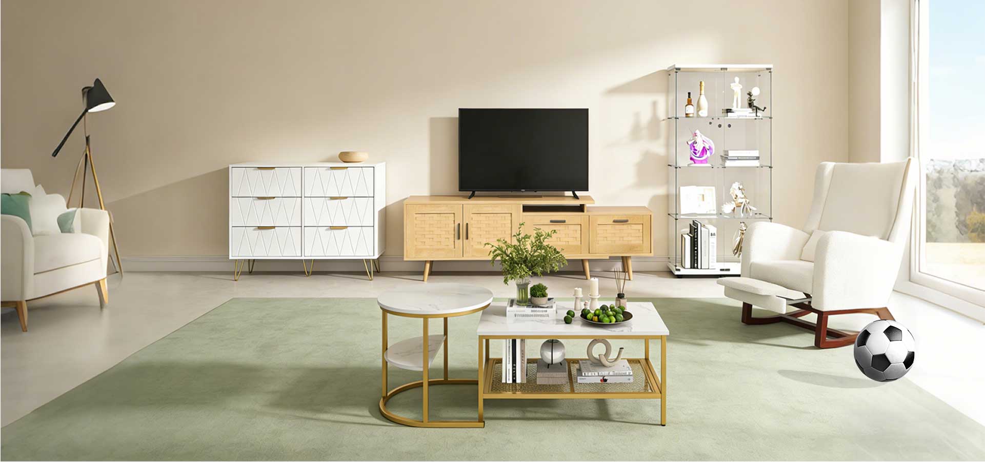 Modernes Wohnzimmer mit TV-Board, Sideboard, Couchtisch, Vitrine und Schaukelstuhl im zeitlosen Design